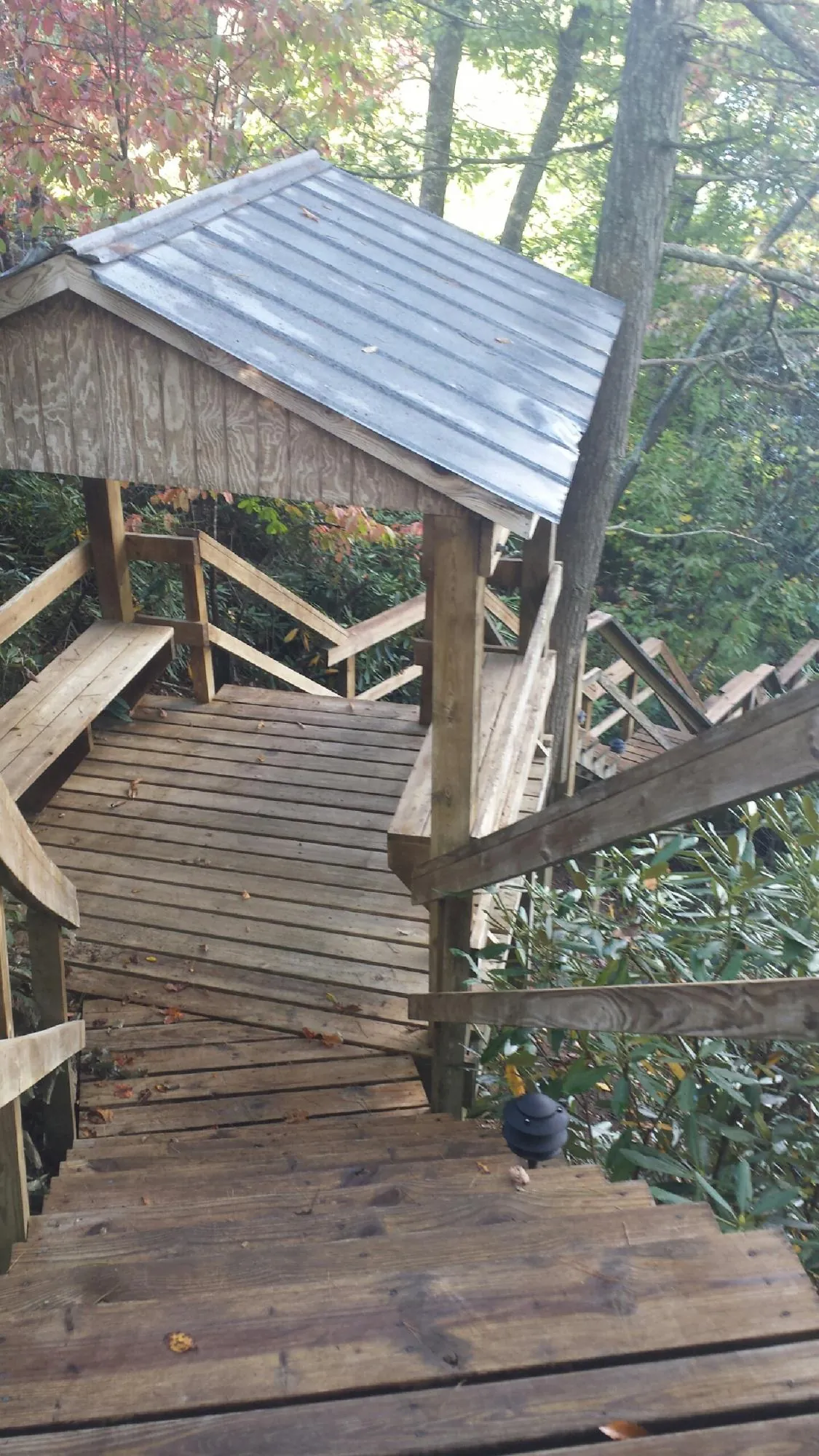 Metal roofed shelter over wooden steps on a wooded walkway — Skylight Repair & Installation work by our crew in Mappsville